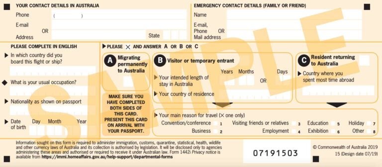 澳洲入境卡填寫範例